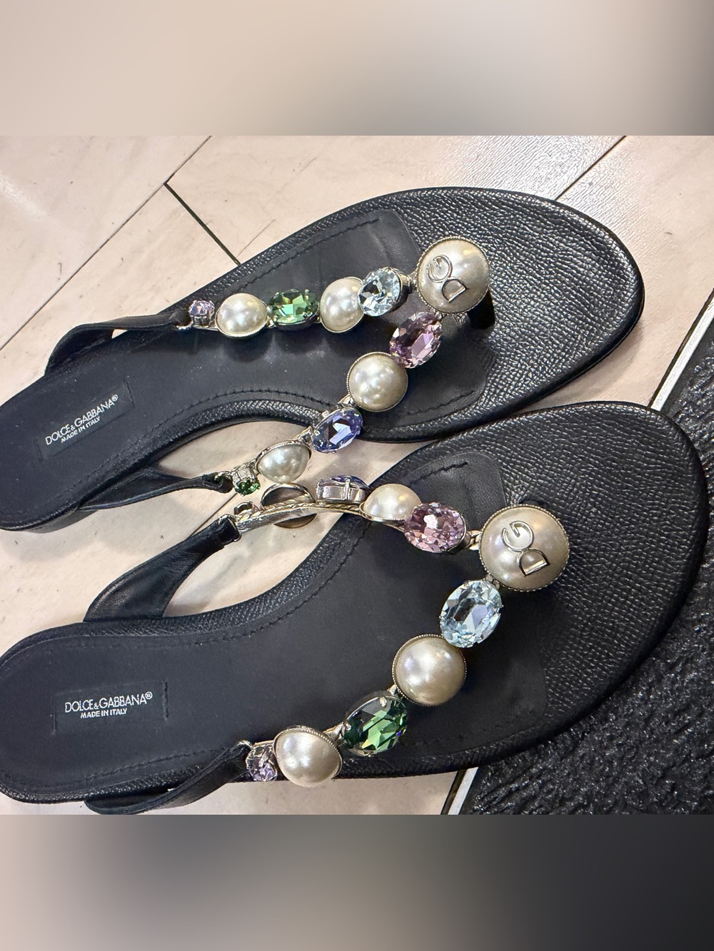 Dolce & Gabbana Black Jeweled Pearl Thong Sandals Sz 37